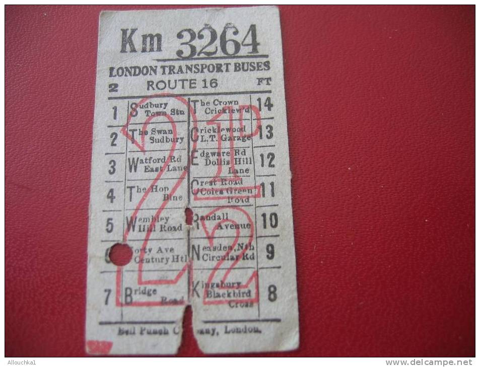 ANCIEN TICKET DE BUS LONDON TRANSPORT BUSES AVAILLABLE TO POINT INDICATED BY THE PUNCH-HOLE AND MUST BE SHOWN ON DEMAND- - Europe