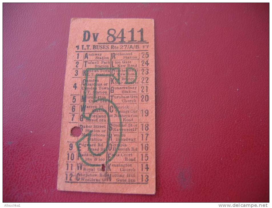 ANCIEN TICKET DE BUS LONDON TRANSPORT BUSES AVAILLABLE TO POINT INDICATED BY THE PUNCH-HOLE AND MUST BE SHOWN ON DEMAND- - Europa