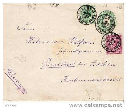B002a/ BELGIEN -  GA U 2, Leopold II Mit Zusatzmarken Ex Brüssel 1893 Nach Burtscheid Bei Aachen - Briefumschläge