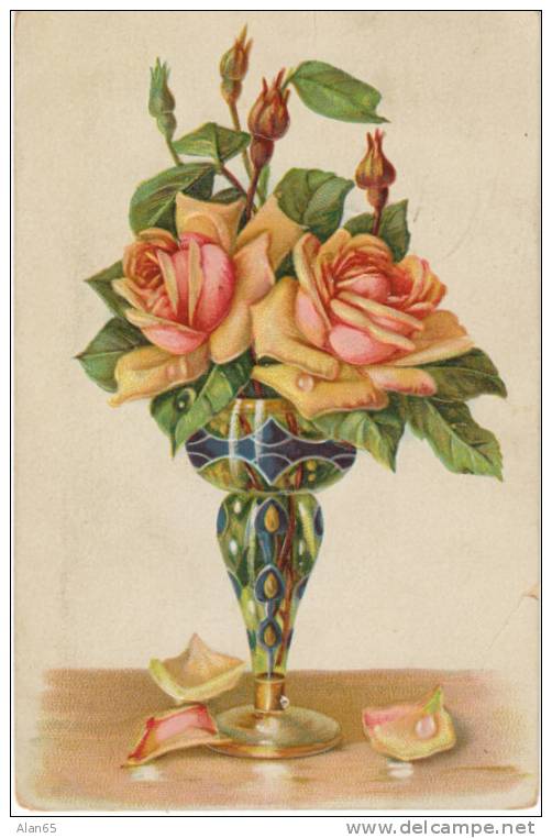 R.P.O. Cancel, Monett(MO)& Waynoka (OK) Railroad Post Office Postmark On Postcard, 1912, Roses In Vase - Covers & Documents