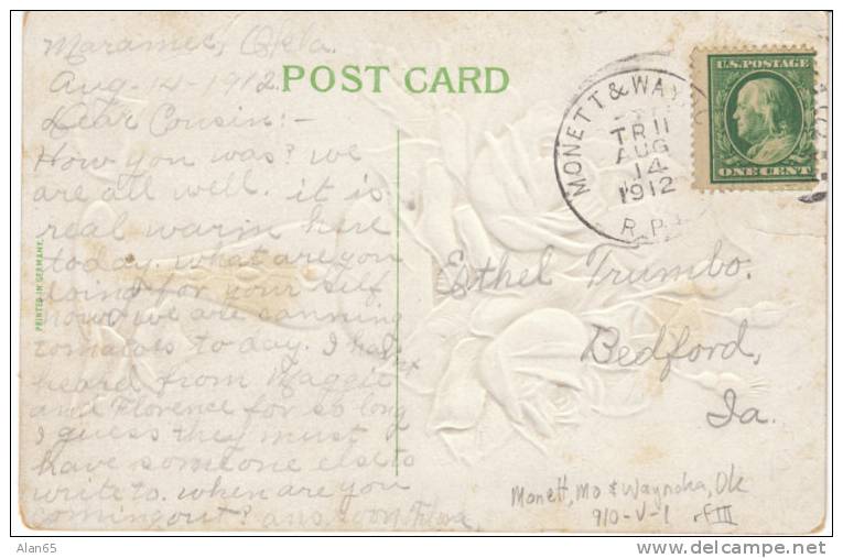 R.P.O. Cancel, Monett(MO)& Waynoka (OK) Railroad Post Office Postmark On Postcard, 1912, Roses In Vase - Storia Postale