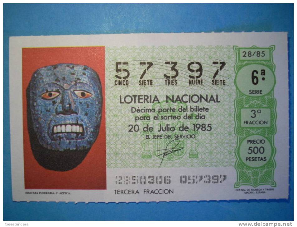 R.L126  LOTERIA LOTERY LOTERIE  ARQUEHOLOGY ARQUEOLOGIA  MEXICO  AZTECA  AÑO 1985  500 PESETAS  MAS EN MI TIENDA - Biglietti Della Lotteria