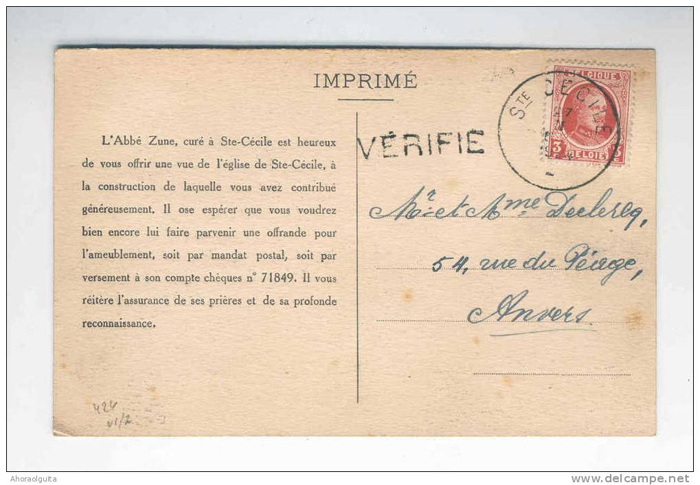 IMPRIME Carte-Vue TP Houyoux 3 C SAINTE CECILE 1924 - RARE Griffe VERIFIE  --  8/833 - 1922-1927 Houyoux