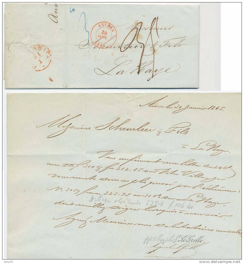 Letter Antwerpen ANVERS (Red Datestamp) For Den HAAG 1845 - 1830-1849 (Belgique Indépendante)