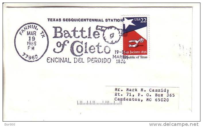 USA Special Cancel Cover 1986 - Battle Of Coleto - Fannin - Schmuck-FDC