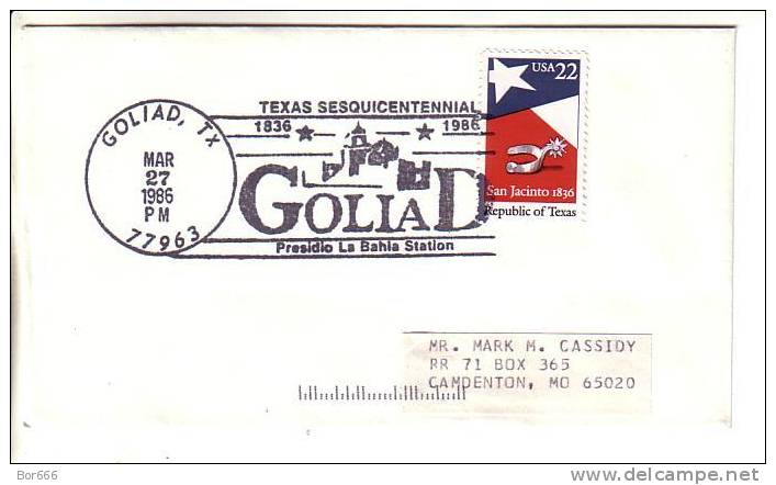 USA Special Cancel Cover 1986 - Texas Sesquicentennial - Goliad - Sobres De Eventos