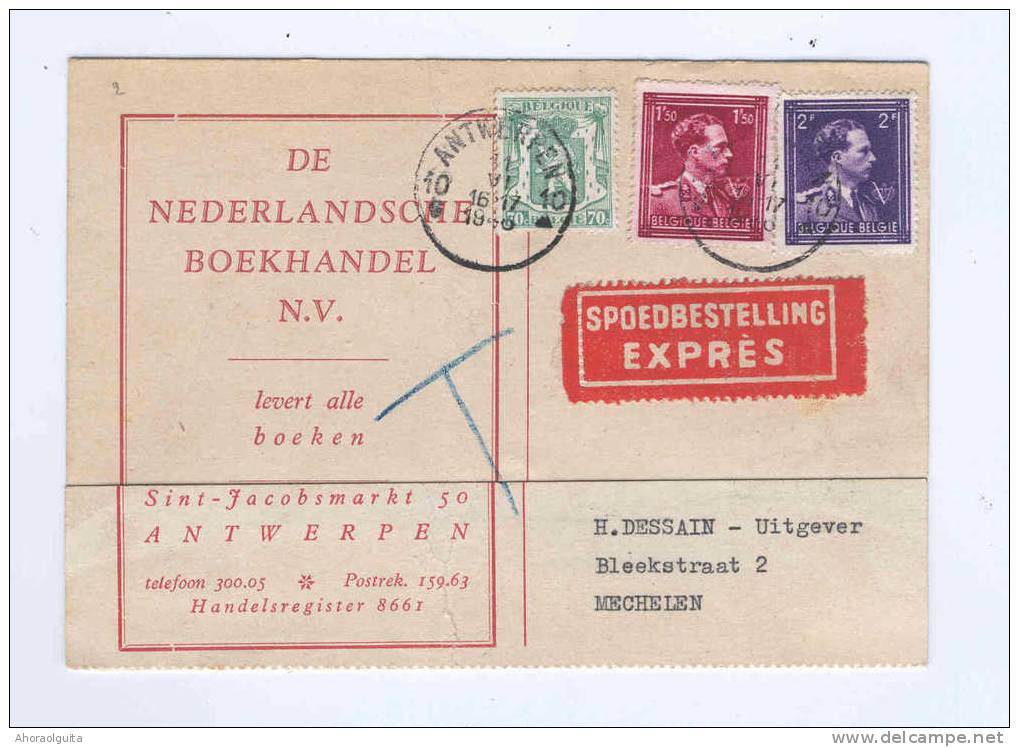 Carte Privée EXPRES - RARE Taxé - Col Ouvert  ANTWERPEN 1946 Vers MECHELEN - Tarif 4 F20 Au Lieu De 5 F 25 --  DT314 - 1936-1957 Col Ouvert