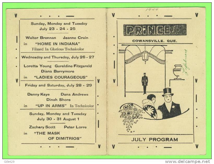 PROGRAMME - CINÉMA PRINCESS, COWANSVILLE QUÉBEC - JULY 1944 - - Programme