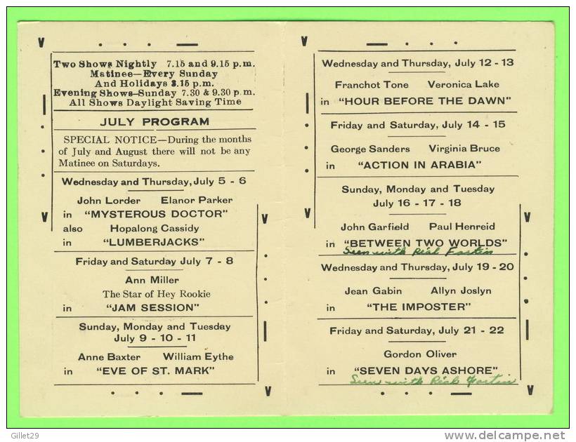 PROGRAMME - CINÉMA PRINCESS, COWANSVILLE QUÉBEC - JULY 1944 - - Programs