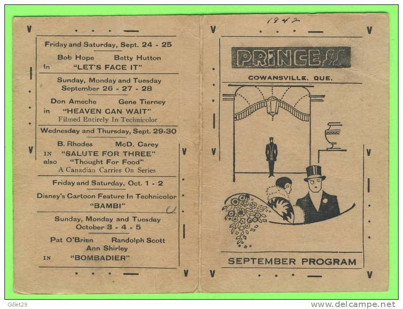 PROGRAMME - CINÉMA PRINCESS THEATER, COWANSVILLE QUÉBEC - SEPTEMBER 1942 - - Programmes