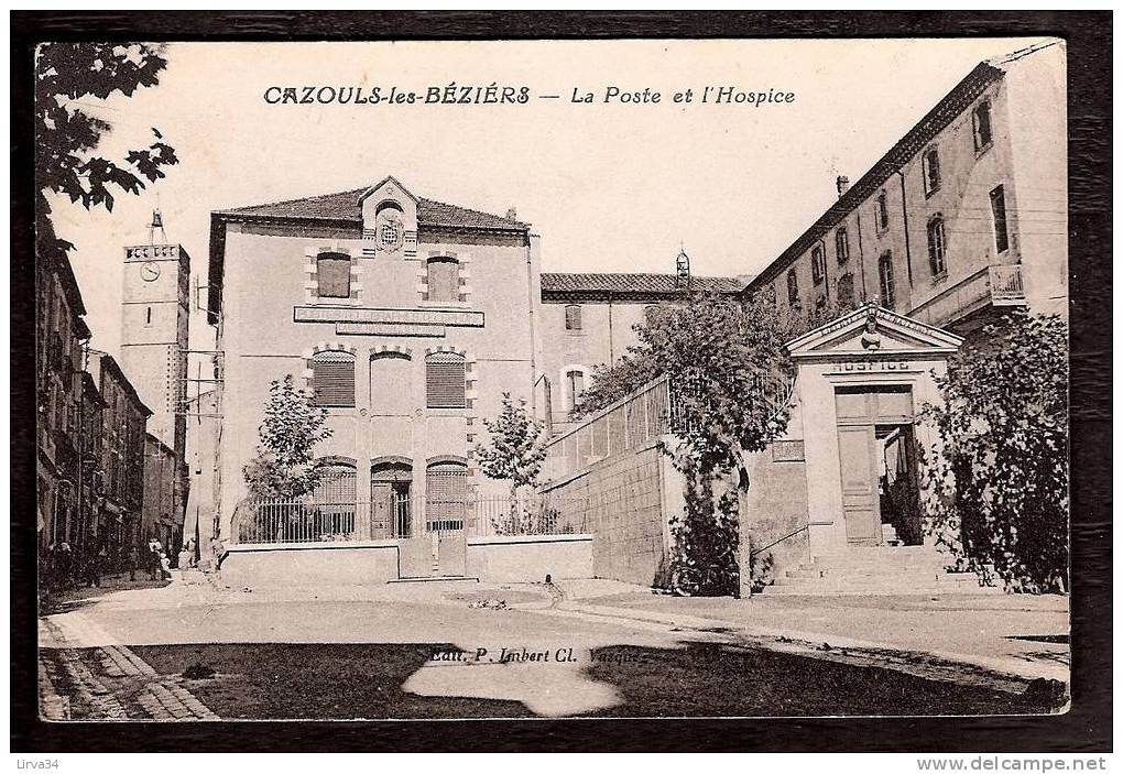 CPA ANCIENNE- FRANCE- CAZOULS-LES-BEZIERS (34) -  LA POSTE ET L´HOSPICE EN TRES GROS PLAN DE FACE- RUE LATÉRALE ANIMÉE- - Aulnay Sous Bois