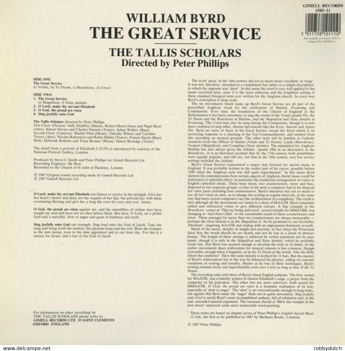 * LP * WILLIAM BYRD: THE GREAT SERVICE - THE TALLIS SCHOLARS (U.K. 1987 Digital Ex-!!!) - Canciones Religiosas Y  Gospels