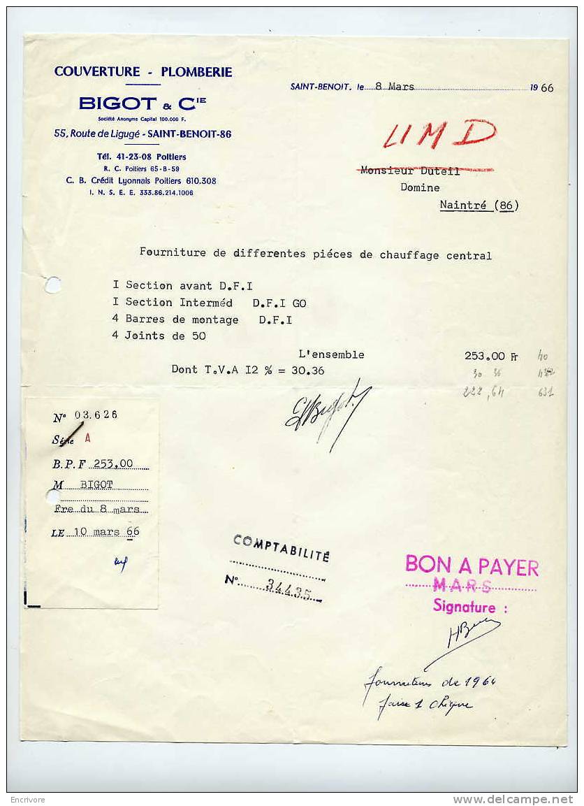 COUVERTURE PLOMBERIE BIGOT Et Cie - SAINT BENOIT ( Vienne ) -1966 - 1950 - ...