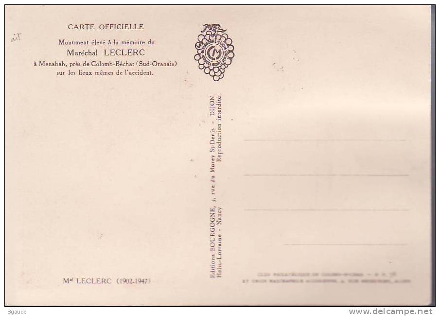 ALGERIE CARTE MAXIMUM NUM.YVERT 338  MARECHAL LECLERC - Maximumkarten