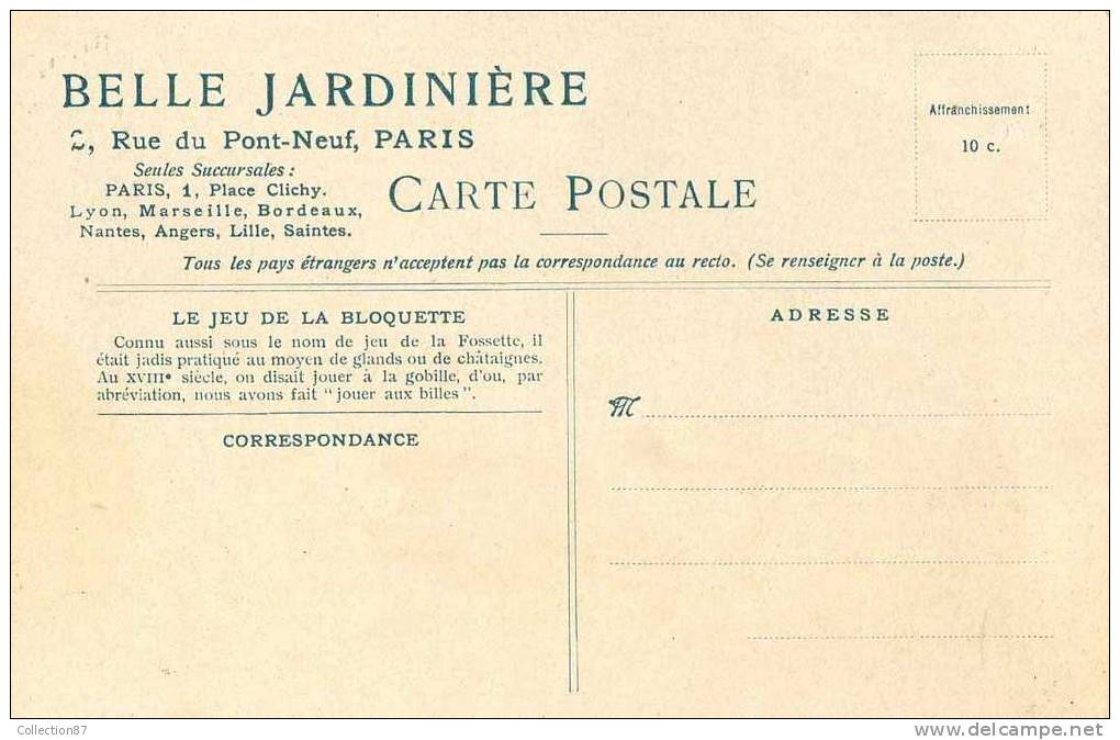 CARTE PUBLICITAIRE - BELLE JARDINIERE à PARIS - SPORT Et JEUX  LA BLOQUETTE - BILLE - VOIR DOS PUBLICITE & REGLE Du JEU - Other & Unclassified