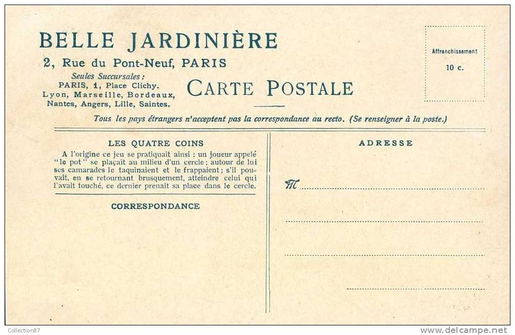 CARTE PUBLICITAIRE - BELLE JARDINIERE à PARIS - SPORT Et JEUX  Des 4 COINS - LE POT - VOIR DOS PUBLICITE & REGLE Du JEU - Autres & Non Classés