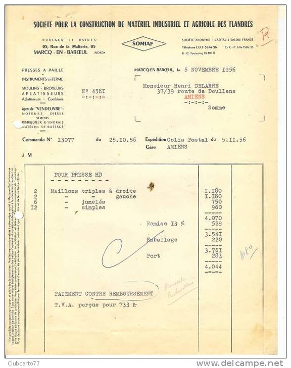 Marcq-en-Baroeul : Fature Fabrique De Presse à Paille, Moulins, Broyeurs SOMIAF 1956. - Sonstige & Ohne Zuordnung