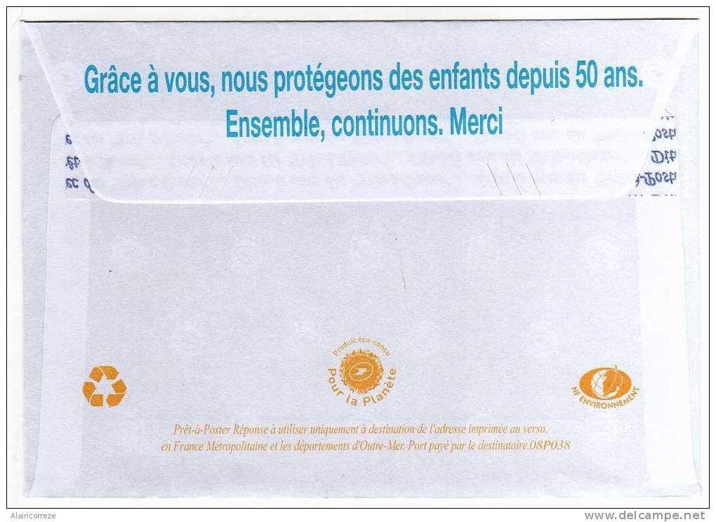 Entier Postal PAP Réponse Fondation Mouvement Pour Les Villages D´enfants Autorisation 62743 N° Au Dos: 08P038 - PAP: Antwort/Lamouche