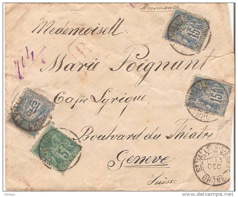 Belle Lettre 1886 Recommandé 704 Avec Timbres Y&T 15cts + Y&T 5cts - 1876-1898 Sage (Type II)