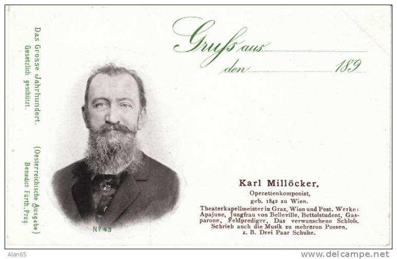 Opera Composer, Austrian Karl Millocker, Operettenkomponist, Gruss Aus Style Antique Postcard 1890s - Opera