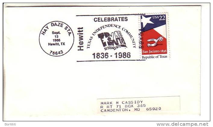 USA Special Cancel Cover 1986 - Texas Independence Community - Hewitt - Omslagen Van Evenementen