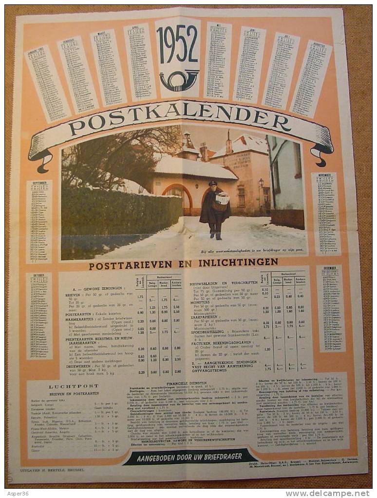 De Post Affiche "Postkalender & Tarieven 1952" - Sonstige & Ohne Zuordnung