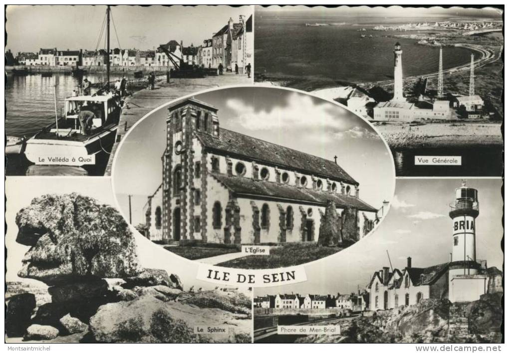 Ile De Sein. Finistère 29. 5 Vues Diverses: Le Velléda à Quai, Le Sphinx, Phare De Men-Brial, L´ Eglise. - Ile De Sein