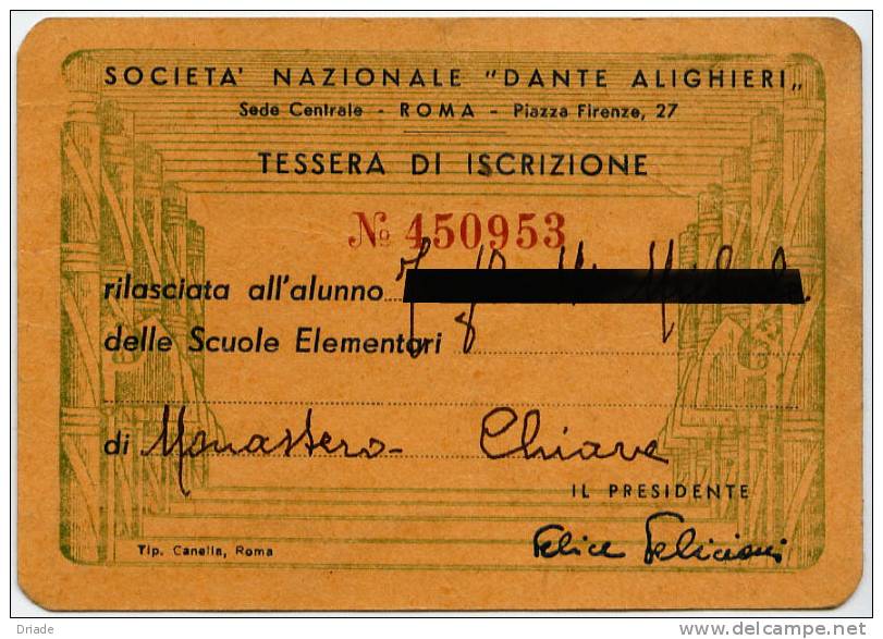TESSERA ISCRIZIONE SCUOLA DANTE ALIGHIERI ANNO 1942 1943 FASCISMO MUSSOLINI - Other & Unclassified