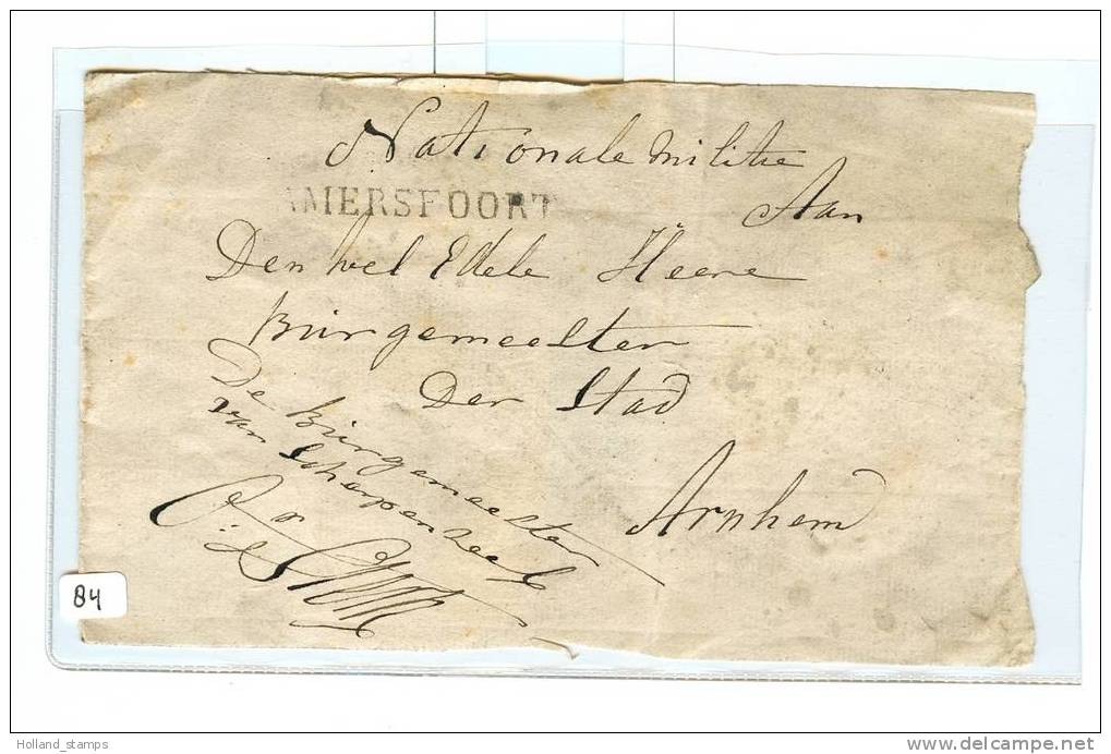 Briefomslag (84) Ongefrankeerd Van De Burgermeester SCHERPENZEEL Naar Burgermeester ARNHEM . Langstempel AMERSFOORT N.M. - ...-1852 Préphilatélie