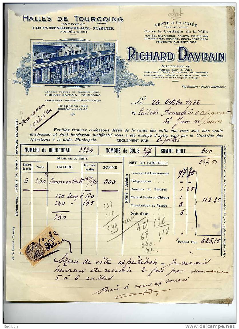 Halles De TOURCOING Vente à La Criée RICHARD DAVRAIN Factorat Desrousseaux Masure - Marée Salaison Laitier Primeur -1932 - 1900 – 1949