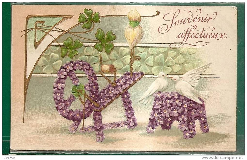 Pair Of DOVES - BIRDS + FLOWERS - ENGRAVED 1908 BELGIUM POSTCARD (circulated In ANVERS) - Uccelli