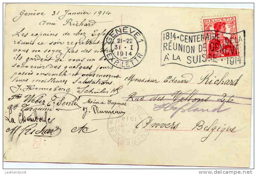 Suisse Foto Card Geneve 31-1-1914 100 Years Reunion Geneve A La Suisse  (E557) - Poststempel