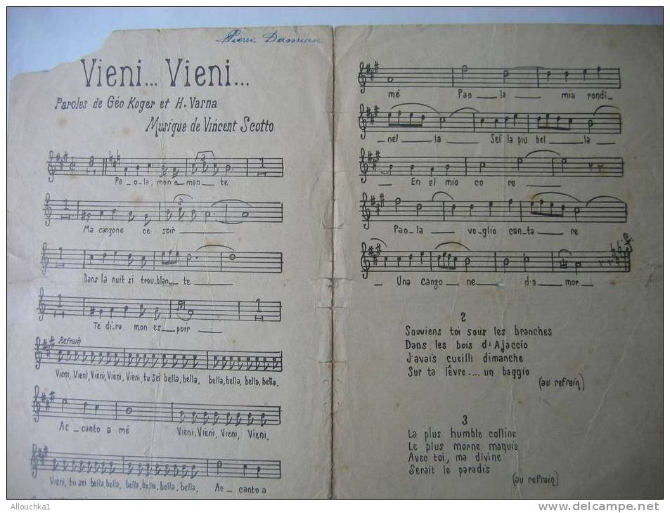 MUSIQUE -PARTITION DE :  TINO ROSSI " VIENI....VIENI " EDITIONS VINCENT SCOTTO ----- AU CASINO DE PARIS - Liederbücher