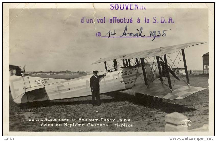 AVIATION - Aérodrome Bourget Dugny - Carte-photo Avion Baptême Caudron - Parachutes Aviorex - Cachet De Vol 1935 - 1919-1938: Entre Guerres