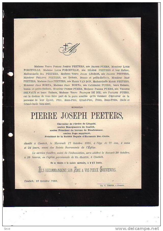 KONTICH Doodsbrief Burgemeester PEETERS Pierre 1811-1888 - Overlijden