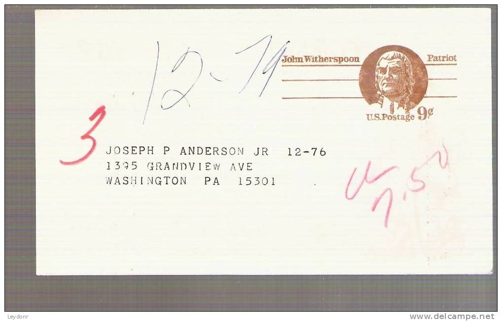 Postal Card - John Witherspoon - Scott # UX69 - 1961-80