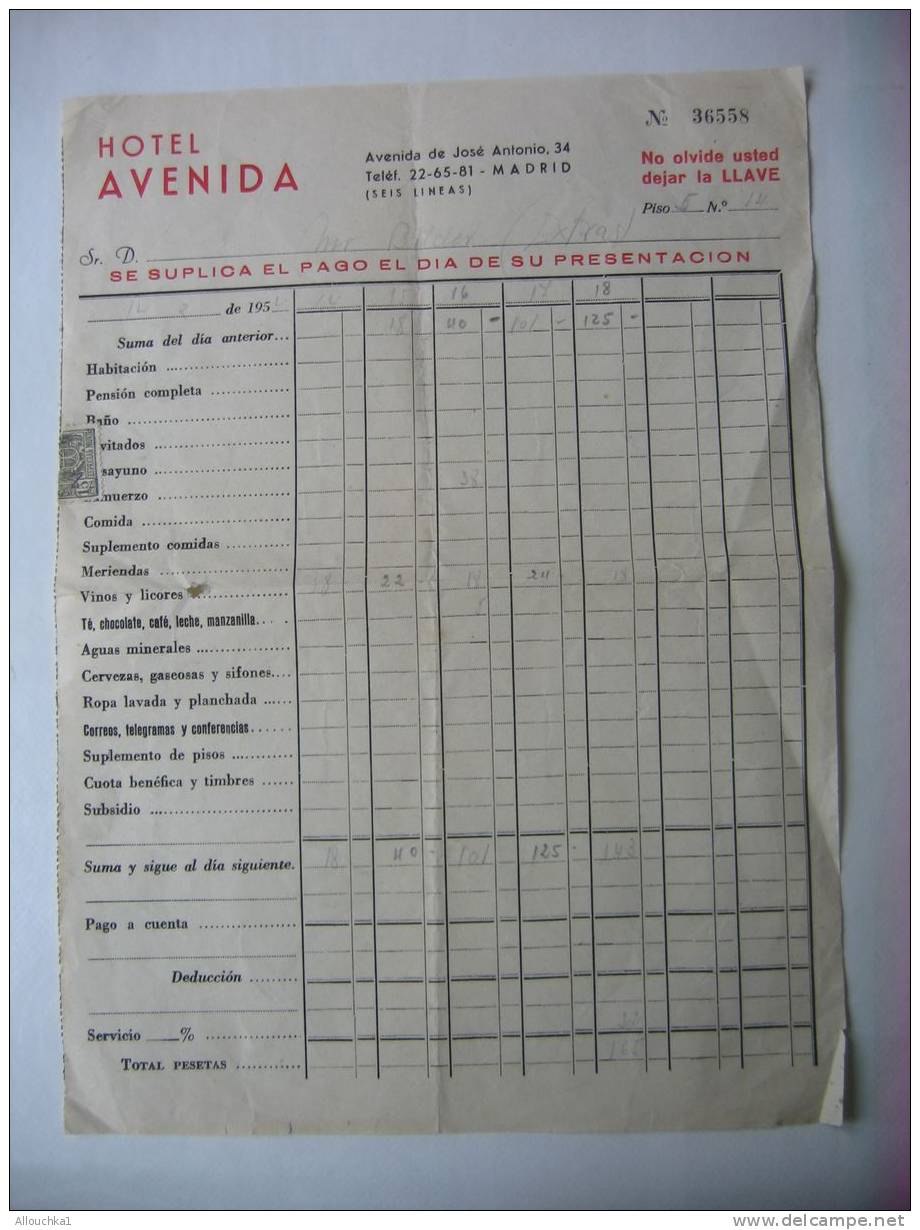 1954- FACTURE/HOTEL AVENIDA  à MADRID -ESPANA-SE SUPLICA EL PAGO EL DIA DE SU PRESENTACION + VIGNETTE - España