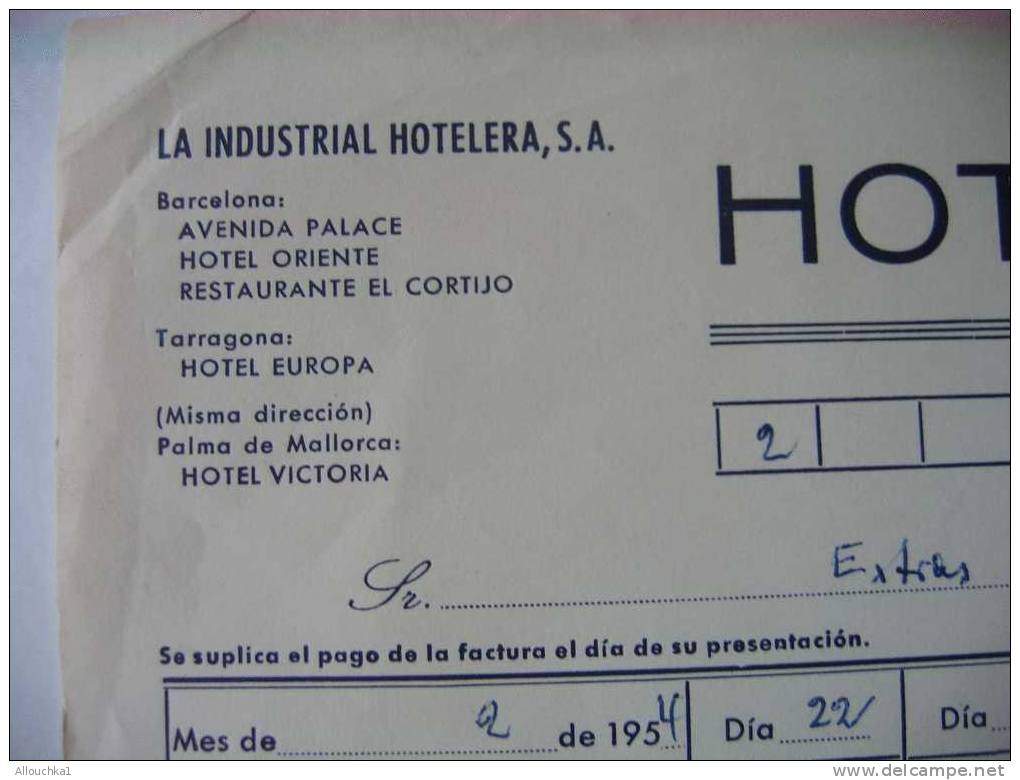 1954- FACTURE/HOTEL ORIENTE  à BARCELONE -ESPANA-SE SUPLICA EL PAGO EL DIA DE SU PRESENTACION + VIGNETTE PESETAS - Espagne