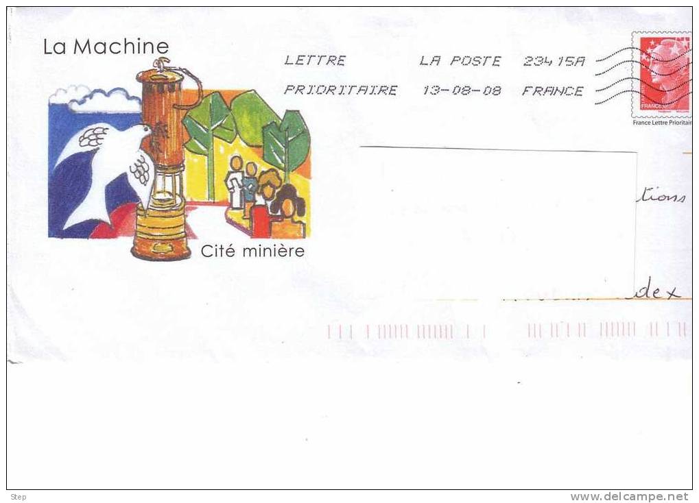 PAP LA MACHINE (NIEVRE) : CITE MINIERE LAMPE DE MINEUR Et COLOMBE Timbre "BEAUJARD" - Prêts-à-poster:Overprinting/Beaujard