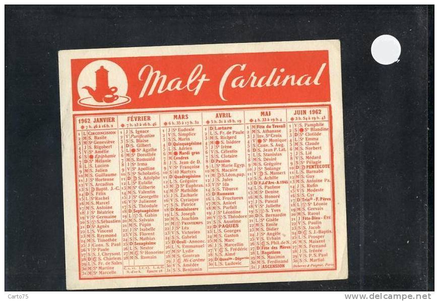 Calendrier 1962 - Malt Cardinal - Formato Piccolo : 1961-70