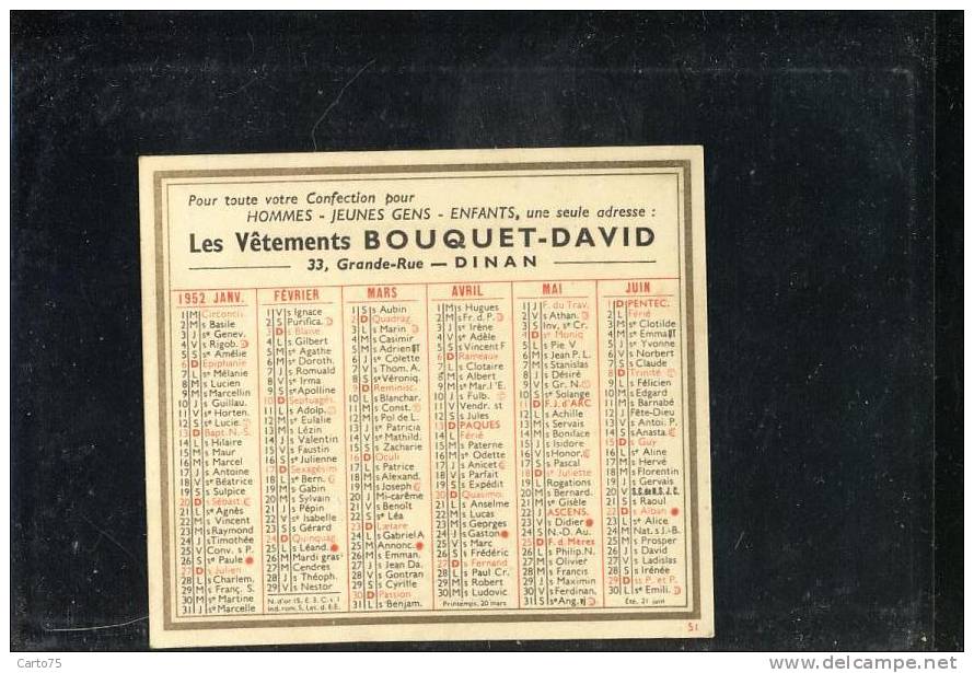 Calendrier 1952 - Dinan 22 - Vêtements BOUQUET-DAVID - 33 Grande Rue - Kleinformat : 1941-60