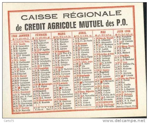 Calendrier 1966 - Banque Crédit Agricole Pyrénées Orientales - Format 10 X 8 Cm - Small : 1961-70