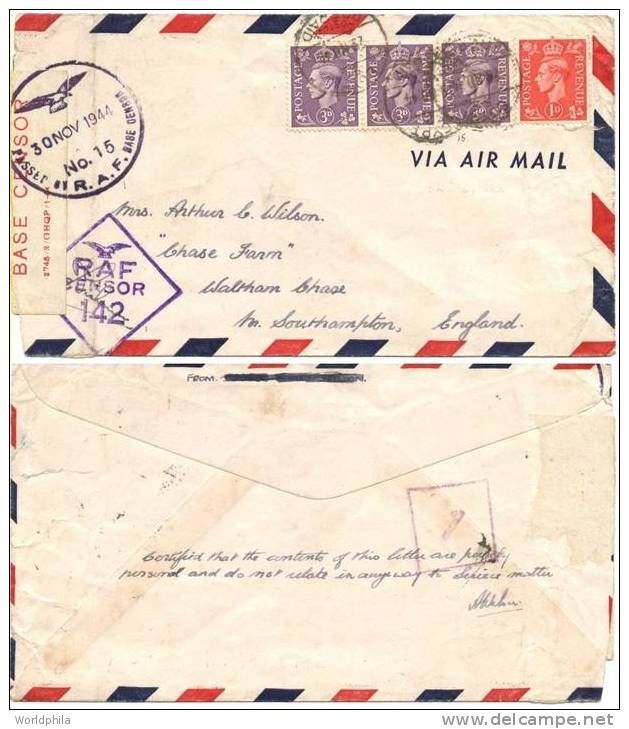 Egypt-England Prepaid WWII English Stamps (x4) Censor Sticker Cover 1944 - Franquicia Militar