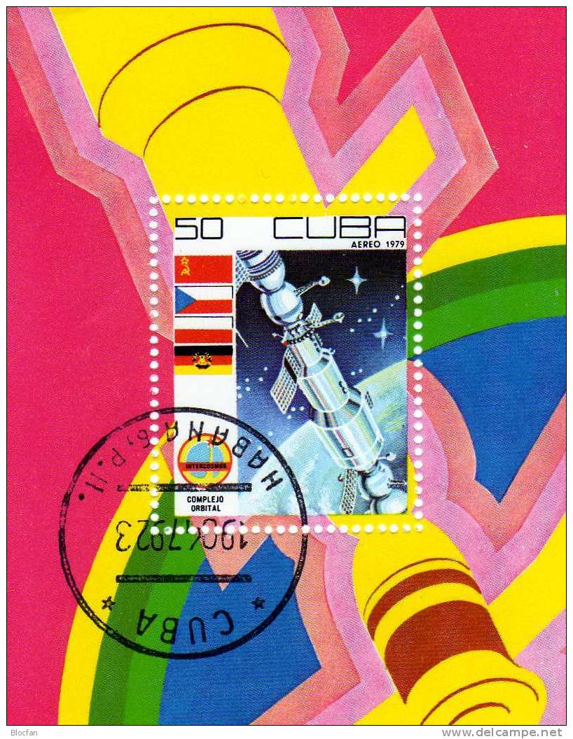 Tag Der Weltraumfahrt Flaggen 1979 Laboratorium Kuba 2390 Plus Block 58 O 5€ Hojita M/s Space Bloc Cosmos Sheet Bf Cuba - Aéreo