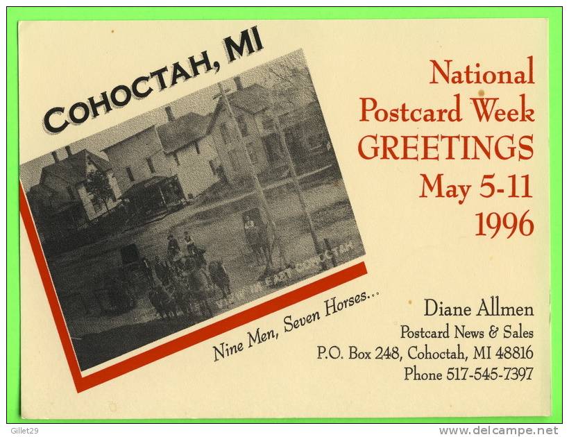 COHOCTAH, MI - NATIONAL POSTCARD WEEK,1996 - DIANE ALLMEN - NINE MEN, SEVEN HORSES - - Sonstige & Ohne Zuordnung