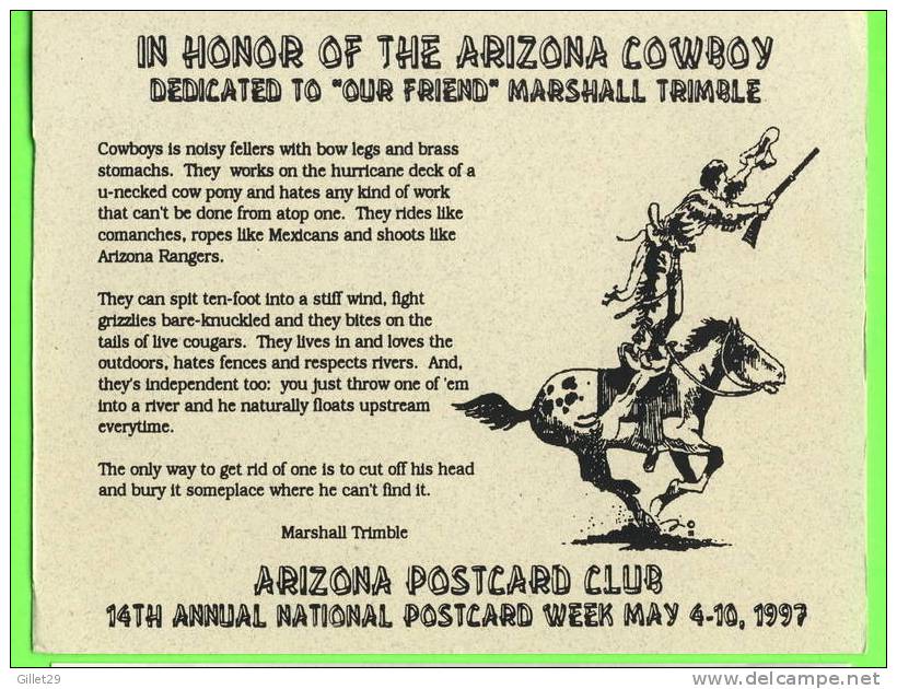 ARIZONA - 14th ANNUAL NATIONAL POSTCARD WEEK,1997 - DEDICATED TO MARSHALL TRIMBLE - LIMITED EDIT. No 82/300 Ex - - Other & Unclassified