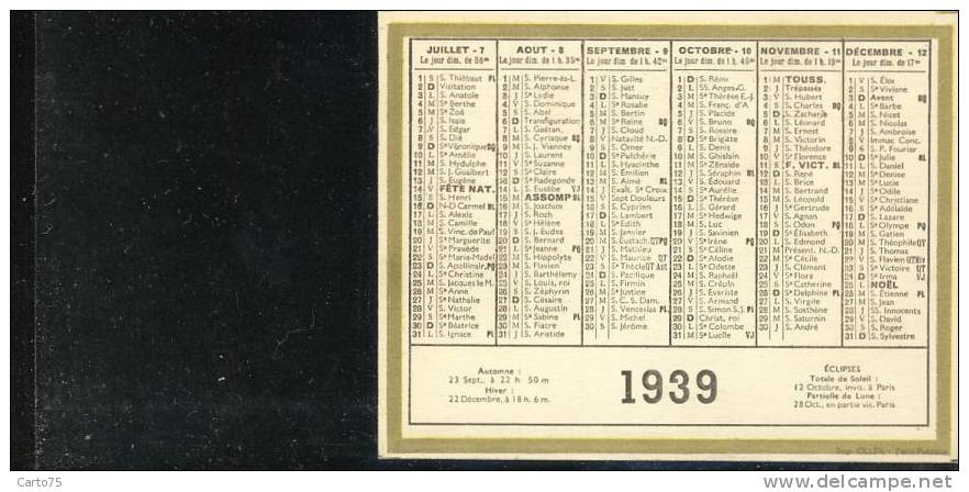 Calendrier 1939 - Format 9 X 7 Cm - Petit Format : 1921-40