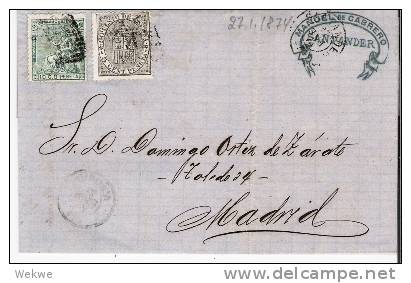 Spk028/ - SPANIEN - + Kriegssteuer 27.1.1874, Santander Nach Madrid - Briefe U. Dokumente