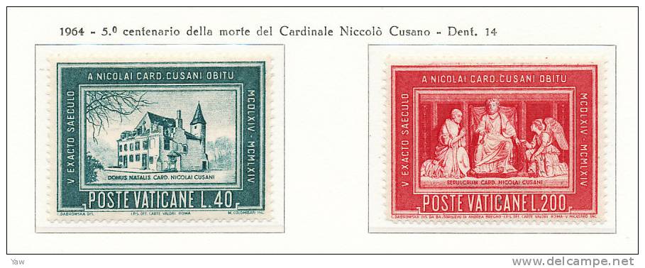 VATICANO 1964  CARDINALE NICOLA CUSANO "KREBS" FILOSOFO MATEMATICO1401-1464. SERIE COMPLETA MNH** - Unused Stamps