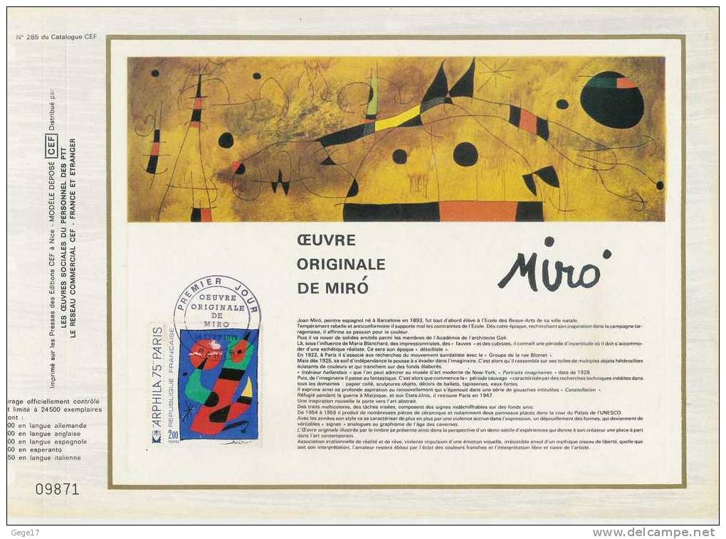 1 Feuillet CEF 1er Jour Du 14.09.1974 ( N° 285) : Oeuvre De Miro - Briefe U. Dokumente